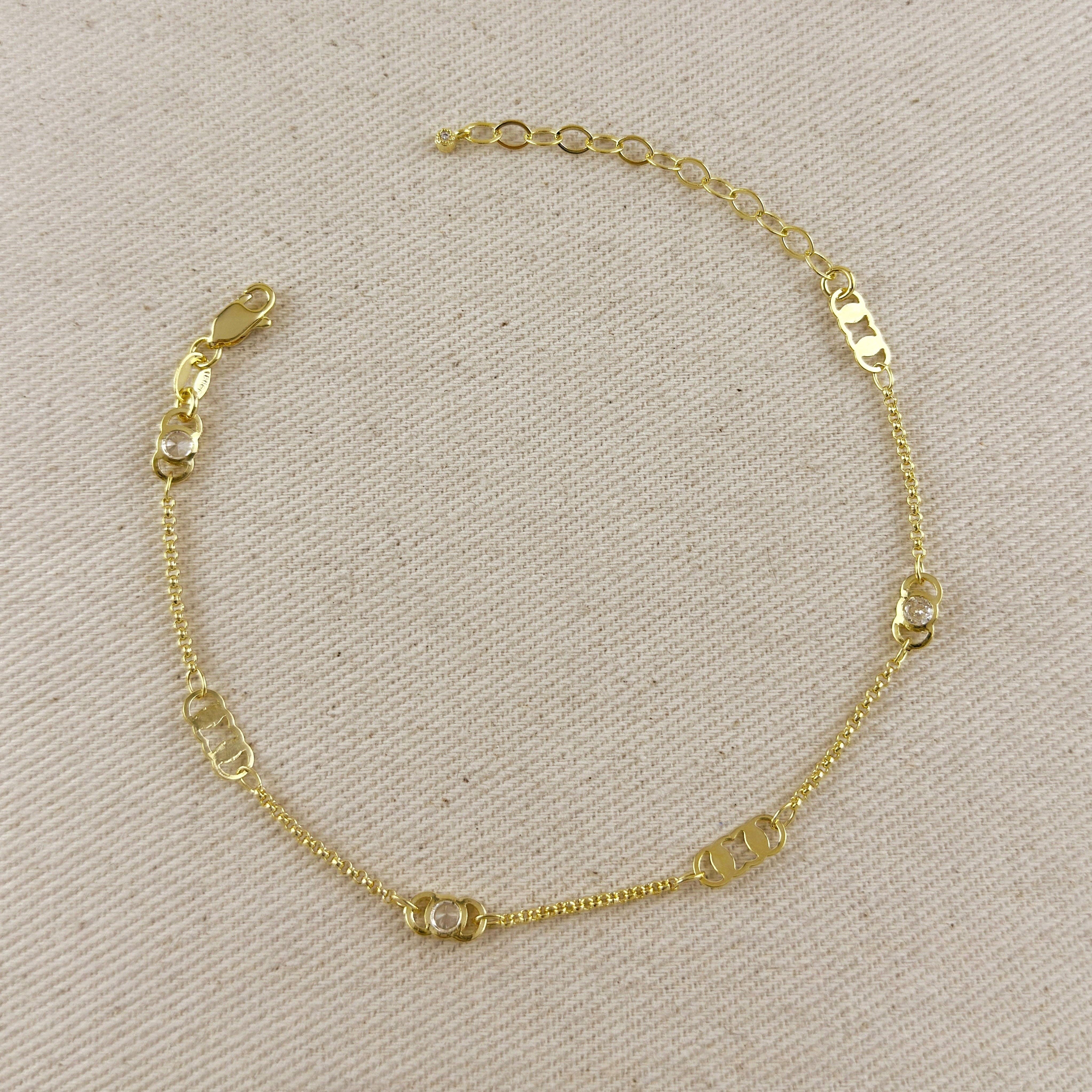 18k Gold Filled Detailed Plate &amp; Cz Anklet