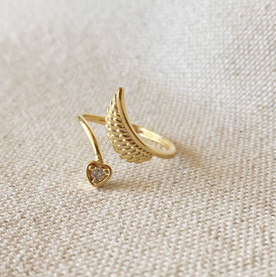 18k Gold Filled Adjustable Open Boho Ring Featuring Heart With Cubic Zirconia And Wing Making - 7