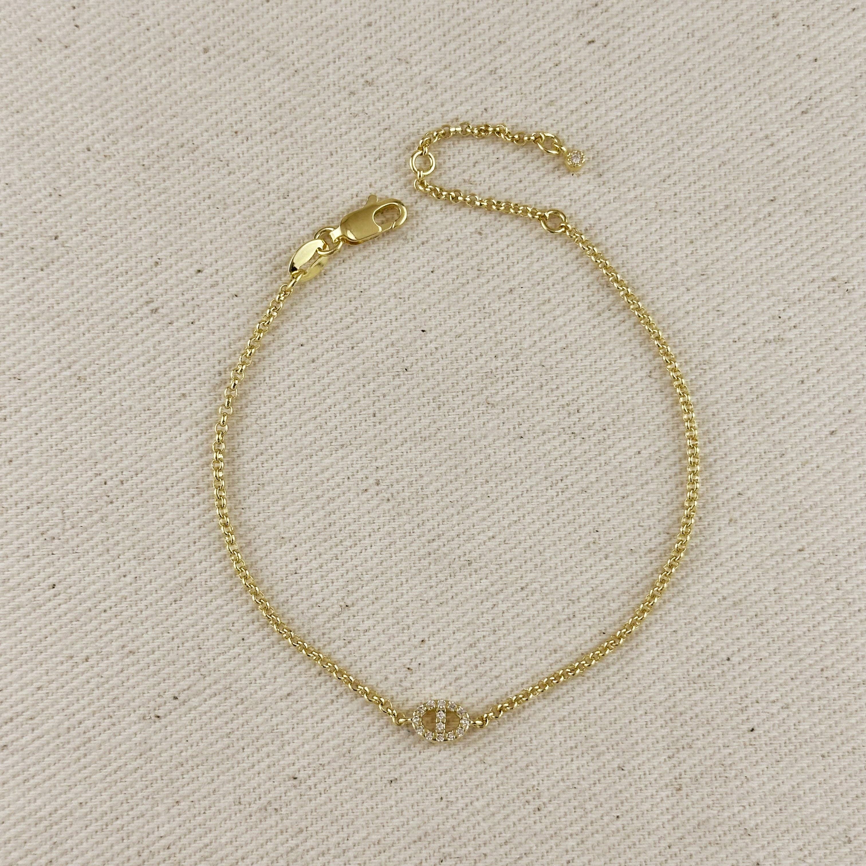 18k Gold Filled Cz Mariner Link Detail Bracelet