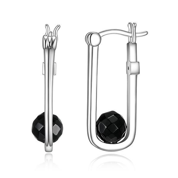 ER2LCFW27-W Sterling Silver GEM CLIP 6mm Black Agate Bead Hoop Earrings