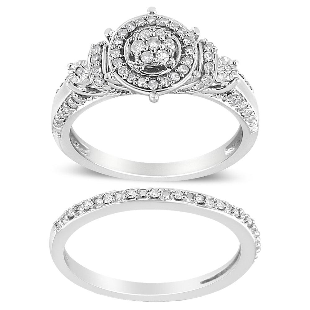 .925 Sterling Silver 1/3 Cttw Diamond 7 Stone Cluster and Halo Engagement Ring and Wedding Band Set (I-J Color, I1-I2 Clarity) Ring Size-9.0