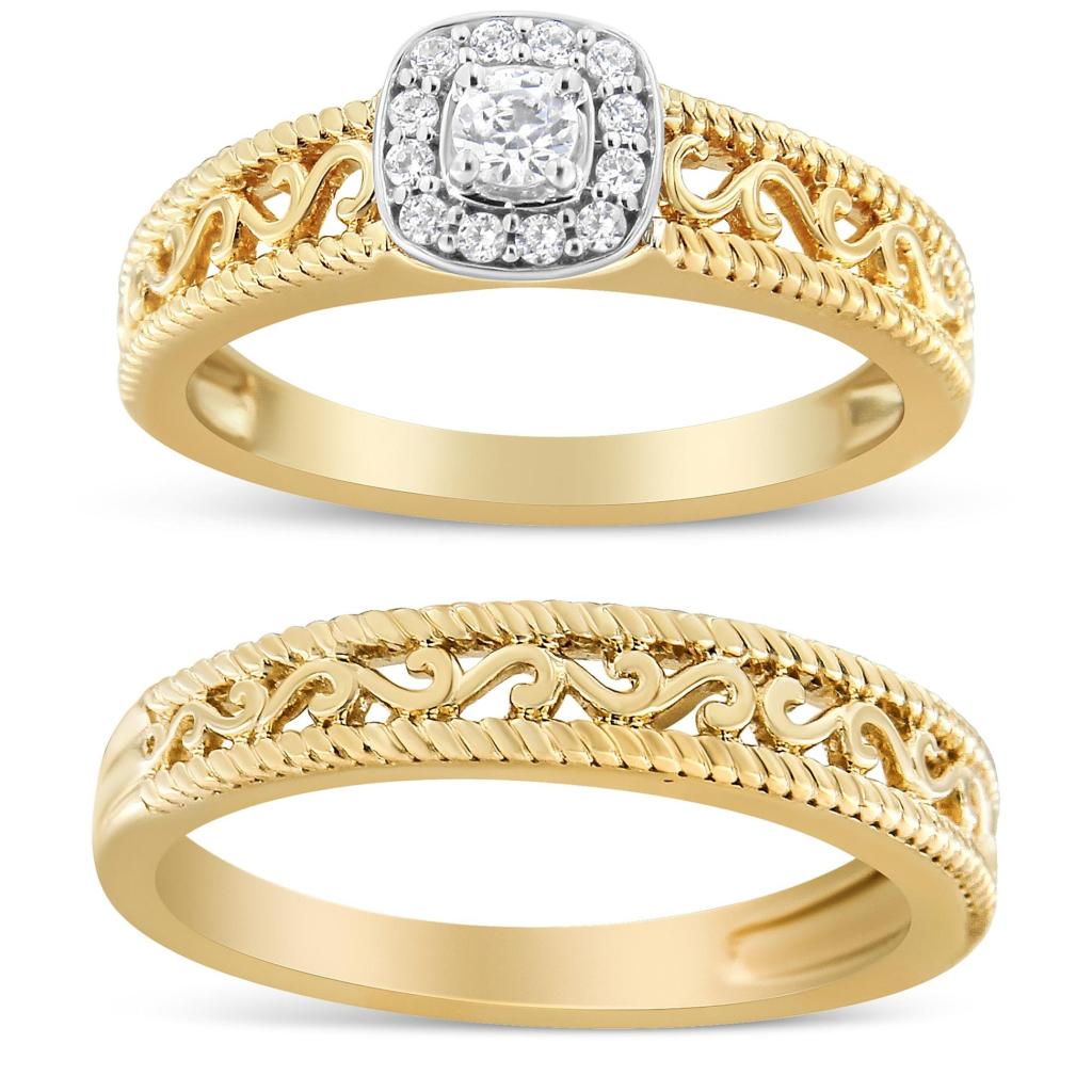 14K Yellow Gold Plated .925 Sterling Silver 1/5 Cttw Diamond Halo and Milgrain Finish Engagement Ring Bridal Set (I-J Color I3 Clarity) Ring Size-7.0
