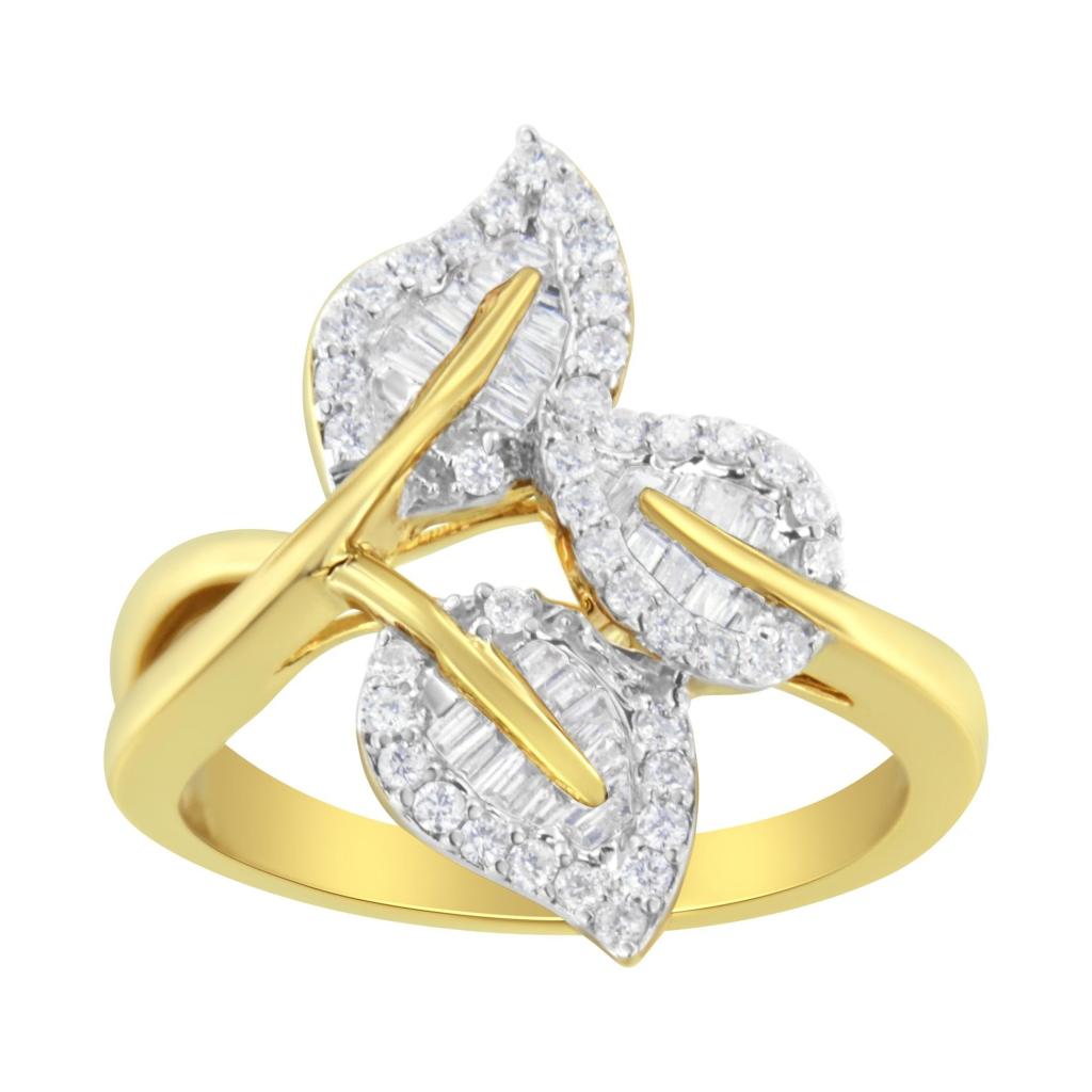 18K Yellow and White Gold Plated .925 Sterling Silver 3/8 Cttw Baguette and Round Diamond Bypass Triple Leaf Ring (I-J Color, I1-I2 Clarity) Ring Size-7.0