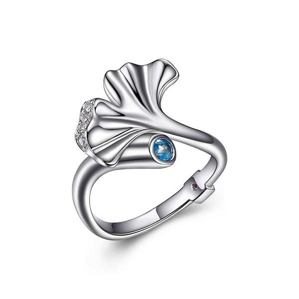 RR4LA9M12-W-7 Sterling Silver Genuine Blue Topaz Ginkgo Open Ring Size 7