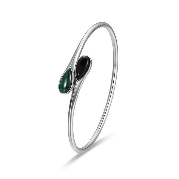 BR1LAN79-W-6.75 Ethereal Drops Black Agate and Malachite Pear Cuff Bangle Size 6.75