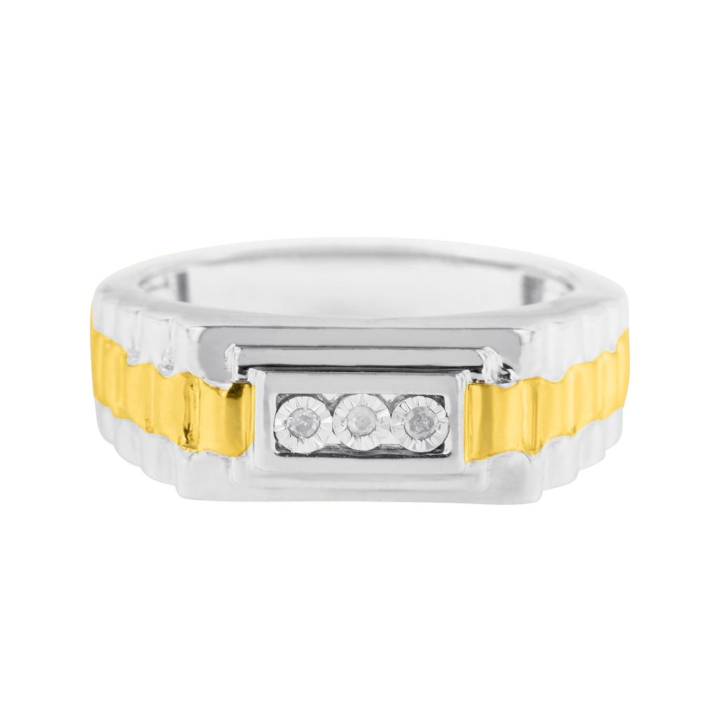 10K Yellow Gold Plated .925 Sterling Silver Diamond Accent Miracle-Set 3 Stone Ridged Band Gentlemen's Fashion Ring (I-J Color, I2-I3 Clarity) Ring Size-9.0
