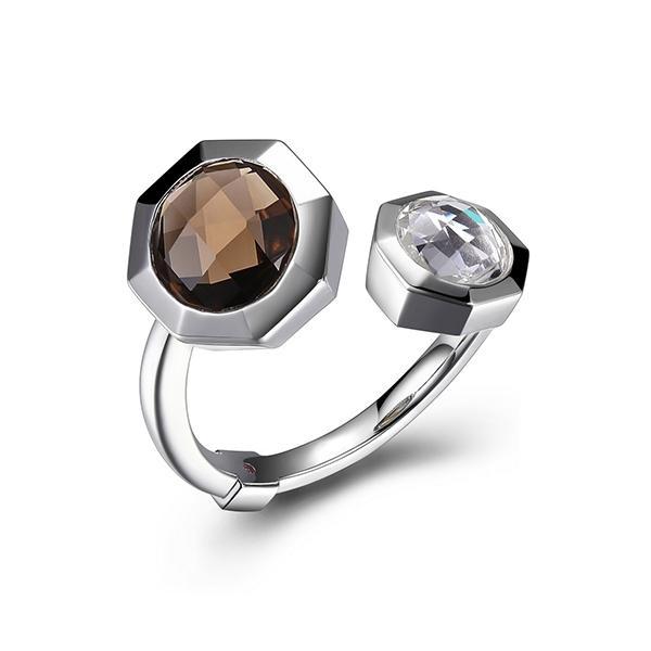 RR4LA94CB-W-6 Sterling Silver Genuine Smoky Quartz and Clear Quartz Bypass Ring Size 6
