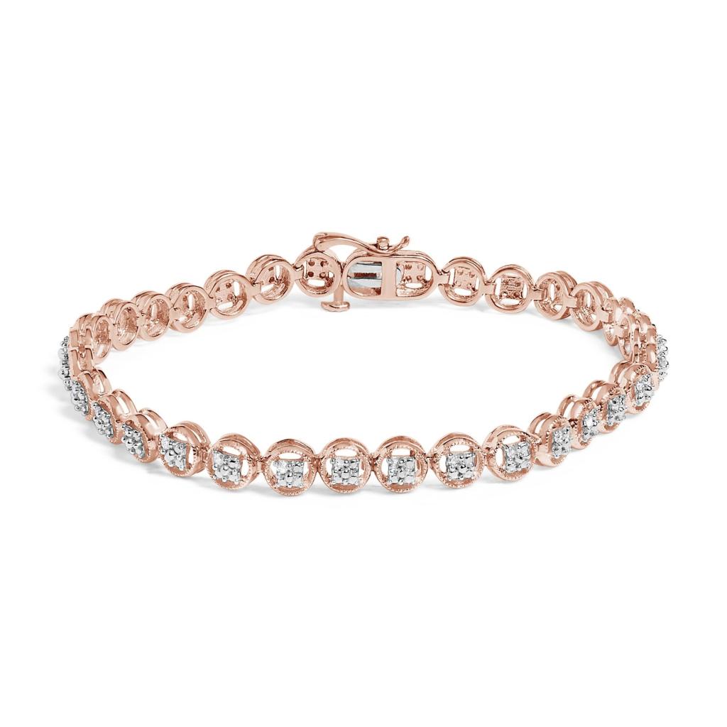 .925 Sterling Silver 1/10 Cttw Diamond Open Circle Beaded Wheel Link Tennis Bracelet (I-J Color, I3 Clarity) - 7.25"