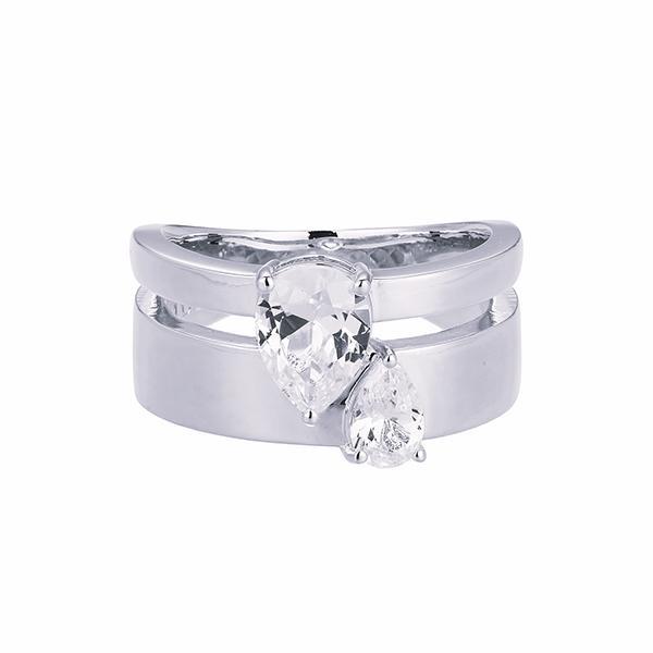RR4AT7B00-2T-8 Sterling Silver Cubic Zirconia Pear Shaped Wide Band Two Tone Ring Size 8