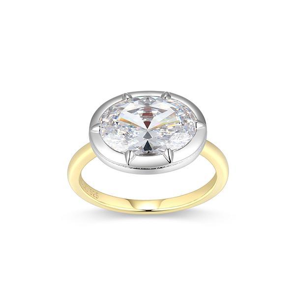 RR4ATSC97-2T-8 Sterling Silver  Cubic Zirconia Eastwest Oval Solitaire Two Tone Ring Size 8