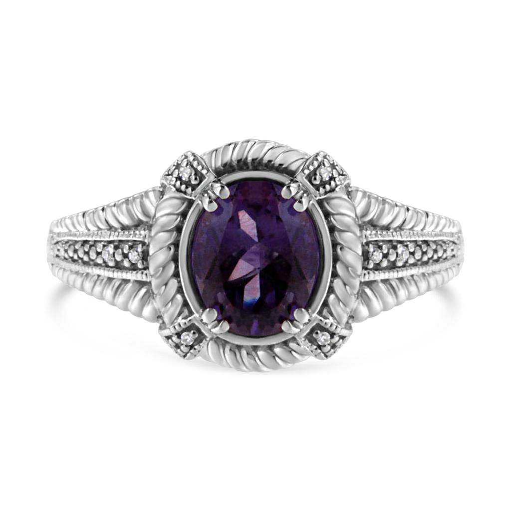 .925 Sterling Silver Prong Set Natural Oval Shape 9X7 MM Purple Amethyst Solitaire and Diamond Accent Ring (I-J Color, I1-I2 Clarity) Ring Size-7.0