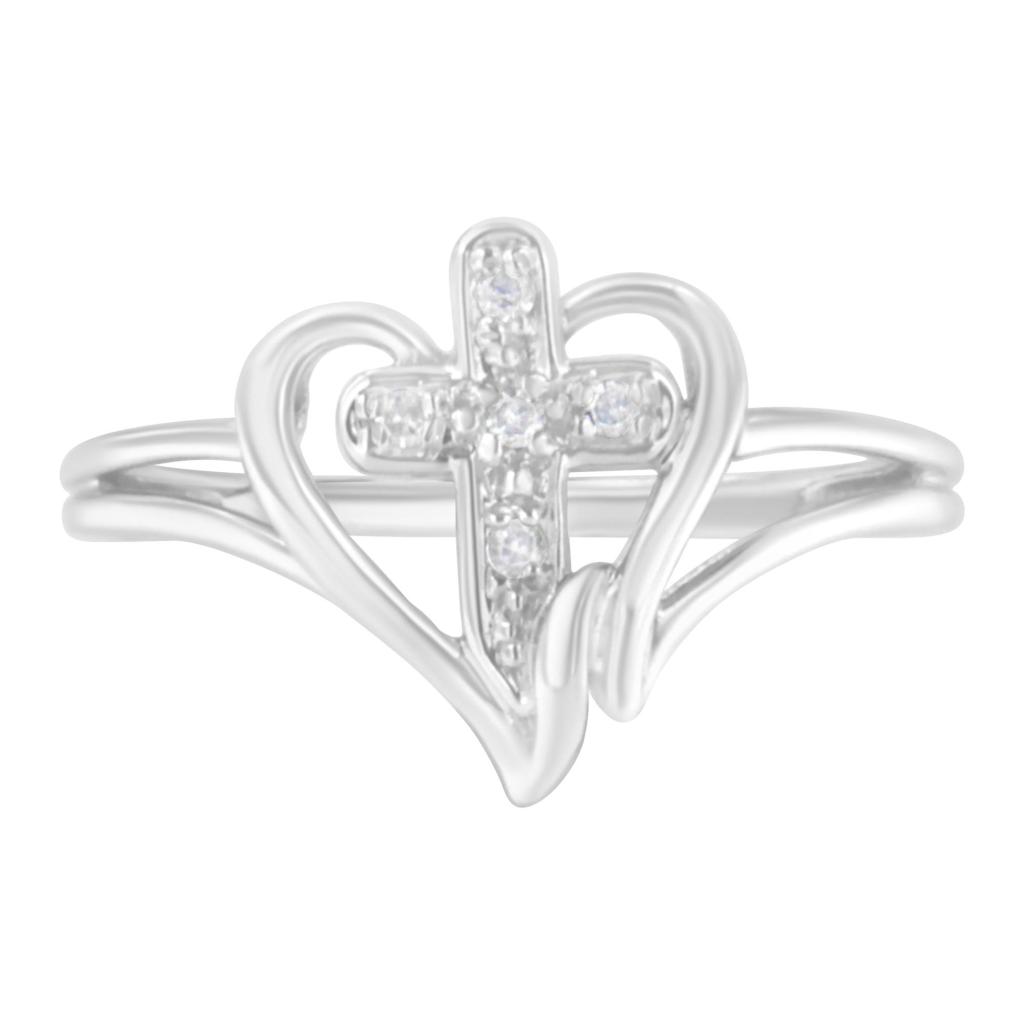 10K White Gold Diamond-Accented Cross & Open Heart Promise Fashion Ring (H-I Color, I1-I2 Clarity) Ring Size-6.0