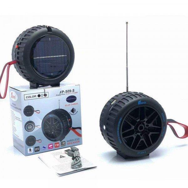 Car Wheel Design Solar-Powered and Portable Bluetooth Wireless Speaker KIFP509 for Universal Cell Phone And Bluetooth Device - Black