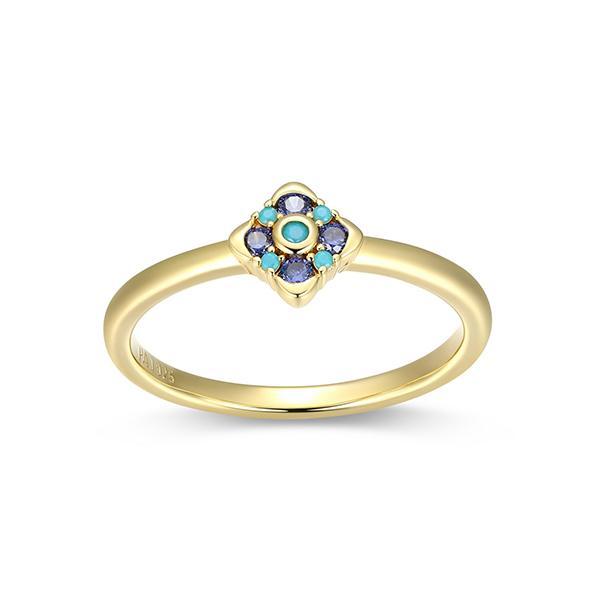 R34ASW7CP-Y-6 Sterling Silver Tanzanite Cubic Zirconia and Turquoise Mini Flower Ring Size 6
