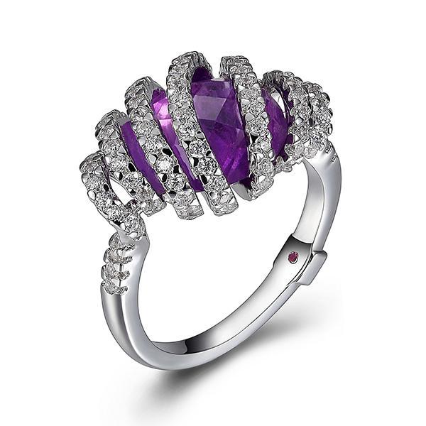 RR4LA5813-W-8 Sterling Silver African Amethyst and Cubic Zirconia Spiral Ring Size 8