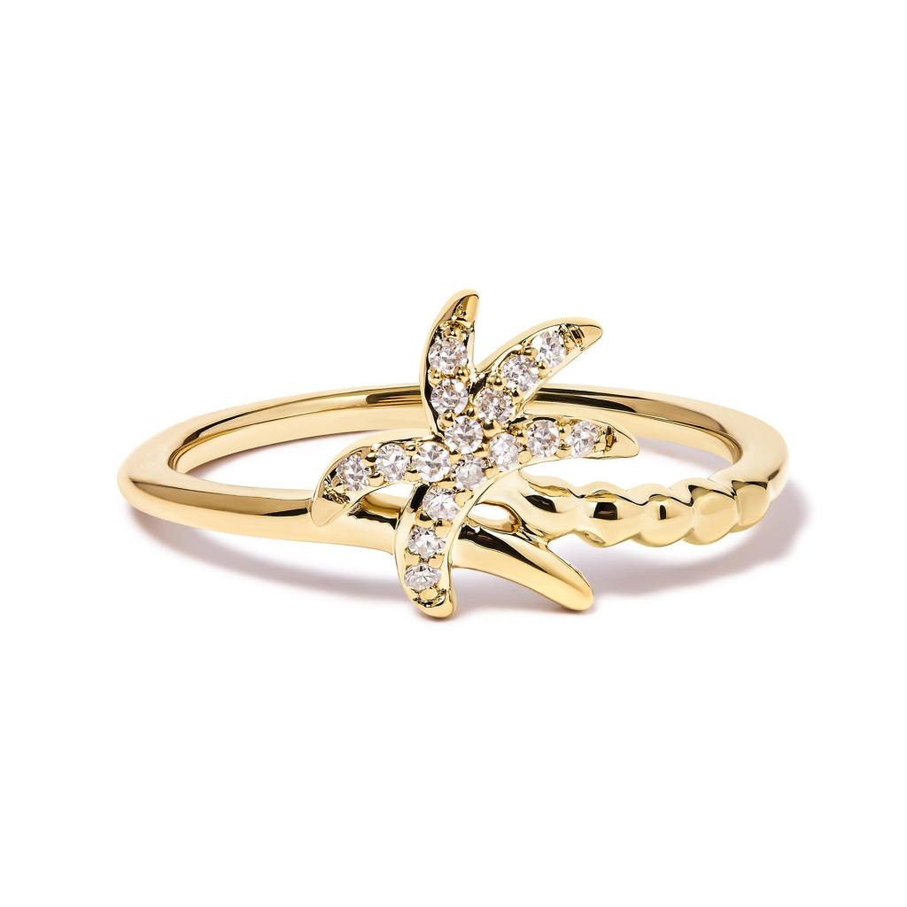 10K Yellow Gold 1/10 Cttw Diamond  Palm Tree Statement Ring (H-I Color, I1-I2 Clarity) Ring Size-6.0