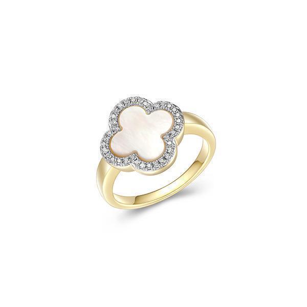 RS4Q03W-Y-8 Sterling Silver "Bliss" Mother of Pearl with CZ Clover Ring - Gold