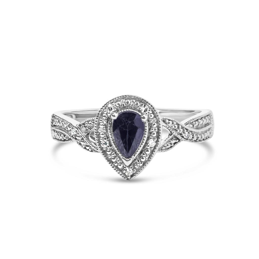 .925 Sterling Silver 6x4mm Pear Sapphire Gemstone with Diamond Accent Fashion Halo Ring (H-I Color, SI1-SI2 Clarity) Ring Size-7.5