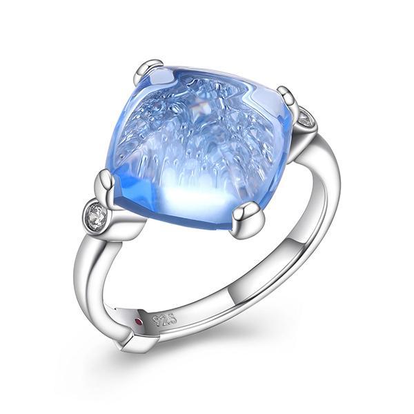 RR4LABSBV-W-6 Sterling Silver  Marble Cushion Cut Synthetic Blue Quartz and Cubic Zirconia Ring Size 6