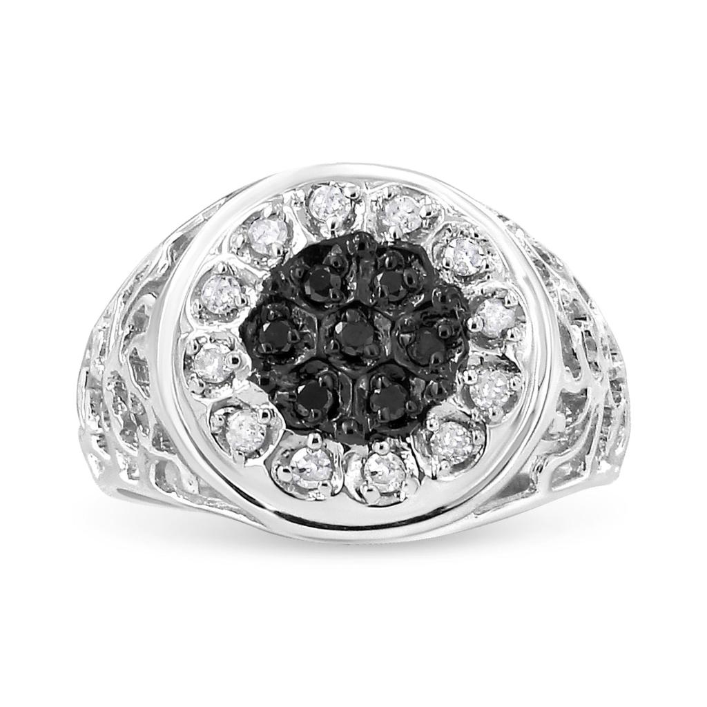 .925 Sterling Silver 1/4 Cttw White and Black Treated Diamond Halo Cluster Ring for Men (I-J Color, I3 Clarity) Ring Size-9.0