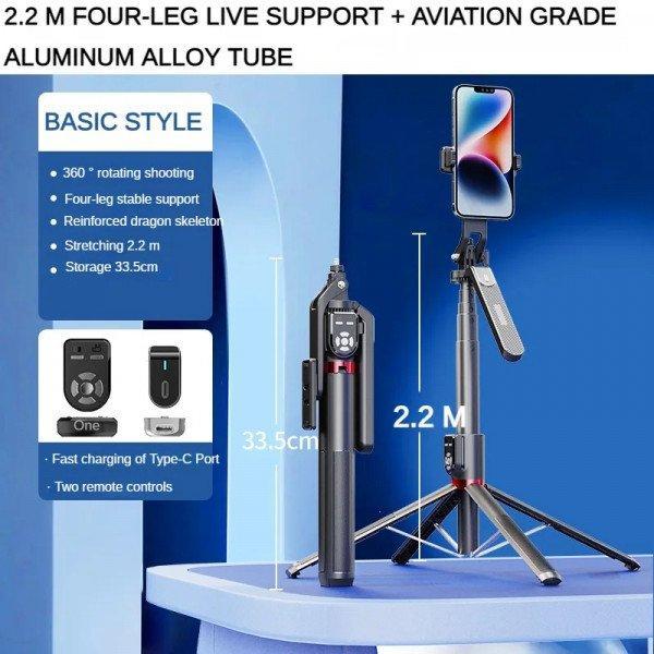 Professional Heavy Duty 86 inches Selfie Stick and Extendable Quadpod Phone Stand with 360deg Swivel and 2 Wireless Remote Controls p320 for Universal Cell Phones - Black