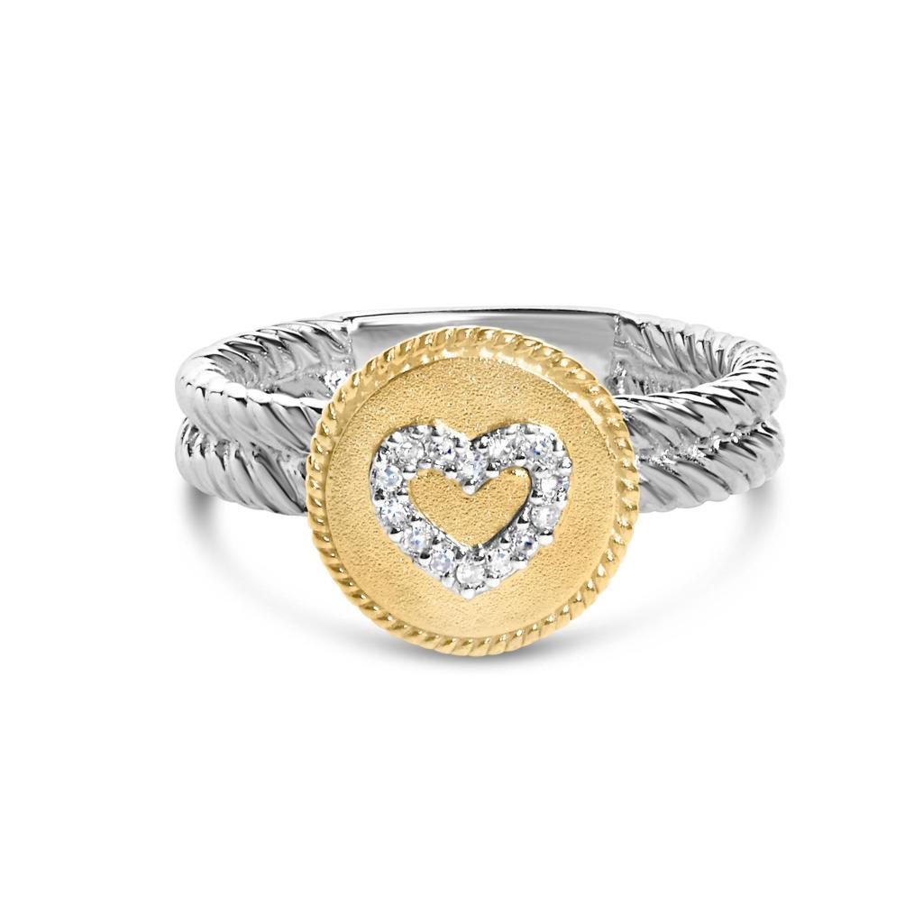 18K Yellow Gold Plated .925 Sterling Silver Diamond Heart Ring with Satin Finish (I-J Color, SI1-SI2 Clarity) Ring Size-7.0