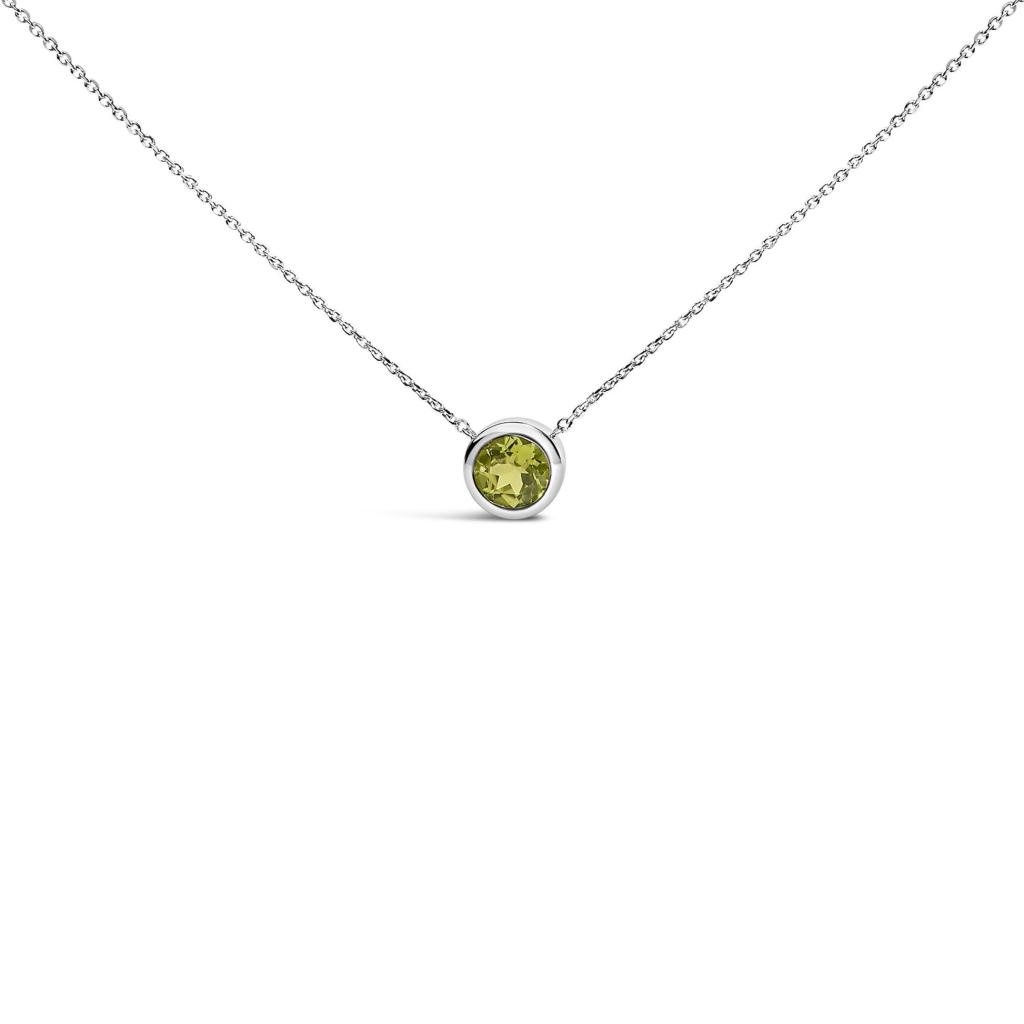 .925 Sterling Silver 7MM Bezel Set Created Gemstone Pendant Necklace - 18" Inches - Green Peridot