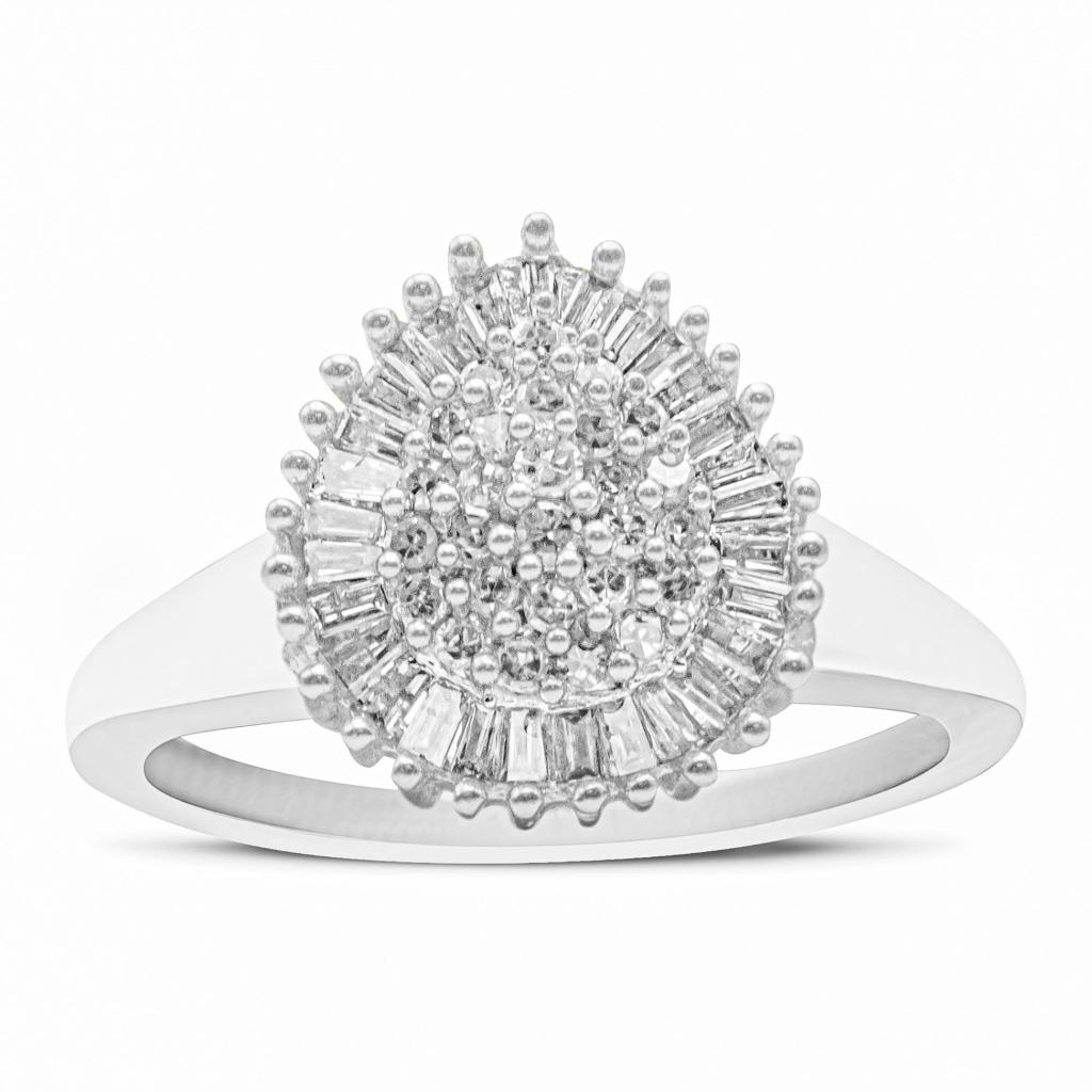 10K White Gold 1/2 Cttw Round & Baguette Cut Diamond Pear Shaped Domed Pave Cluster with Halo Cocktail Ring (H-I Color, SI1-SI2 Clarity) Ring Size-7.0