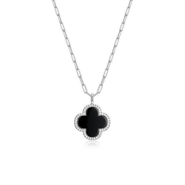 NR0Q09A-W Sterling Silver "Bliss" Black Agate with Cubic Zirconia Clover Necklace - Silver