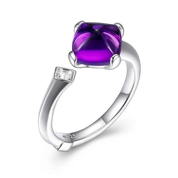 RR4LABRBY-W-6 Sterling Silver  Marble Cushion Cut Synthetic Amethyst Crystal and Cubic Zirconia Open Ring Size 6