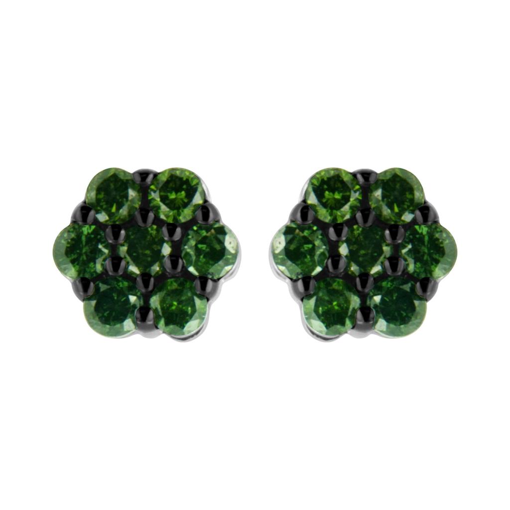 .925 Sterling Silver  Prong Set Round-Cut Treated Colored Diamond Floral Cluster Stud Earring - Green Diamond - Total Diamond Weight - 2