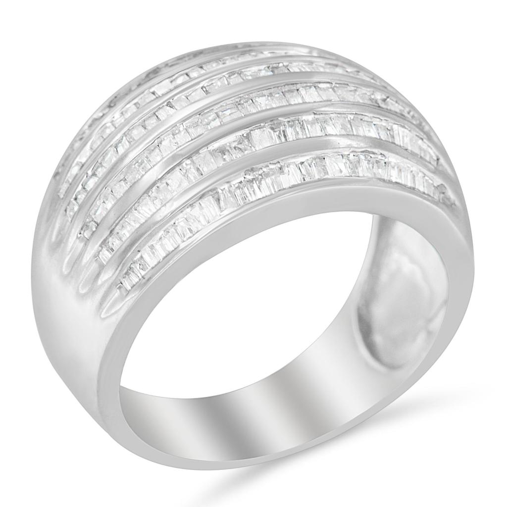 .925 Sterling Silver 1.0 Cttw Baguette-Cut Diamond 6-Row Channel Set Domed Tapered Cocktail Fashion Ring (H-I Color, I2-I3 Clarity) Ring Size-6.75