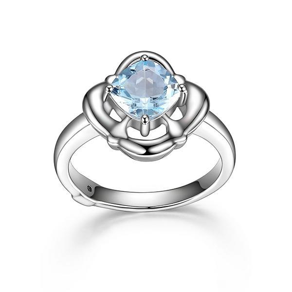 RR4LA7J12-W-6 Sterling Silver Cushion Cut Genuine Sky Blue Topaz Clover Ring Size 6