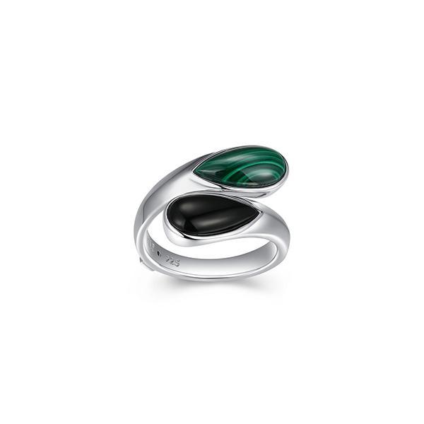 RR4LAGX97-W-6 Sterling Silver ETHEREAL DROPS Pear Shape Black Agate and Malachite Bypass Ring Size 6