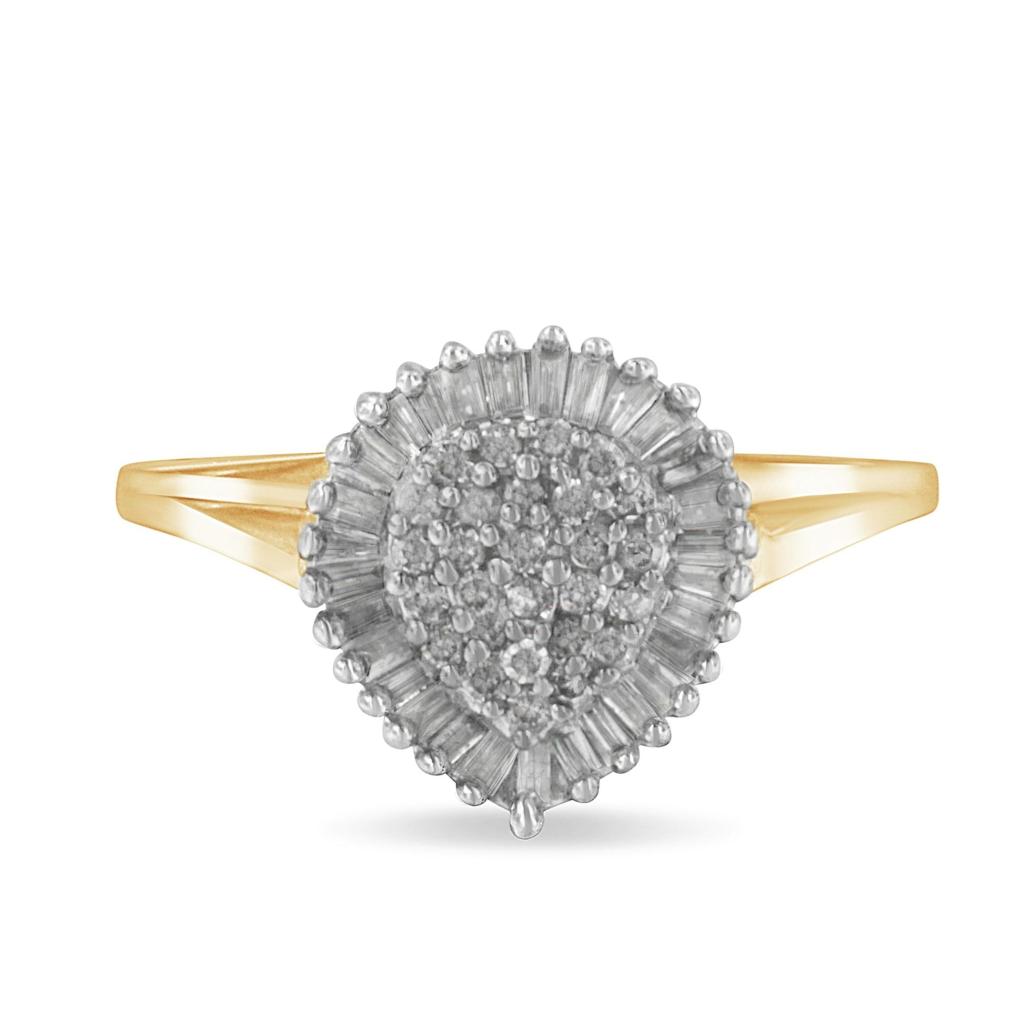 10K Yellow Gold 1/2 Cttw Round & Baguette Cut Diamond Pear Shaped Domed Pave Cluster with Halo Cocktail Ring (J-K Color, I1-I2 Clarity) Ring Size-7.0