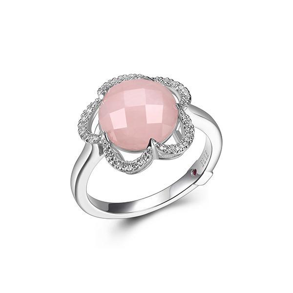 RR4LAAY32-W-9 Sterling Silver ROSE Rose Quartz and Cubic Zirconia Flower Ring Size 9
