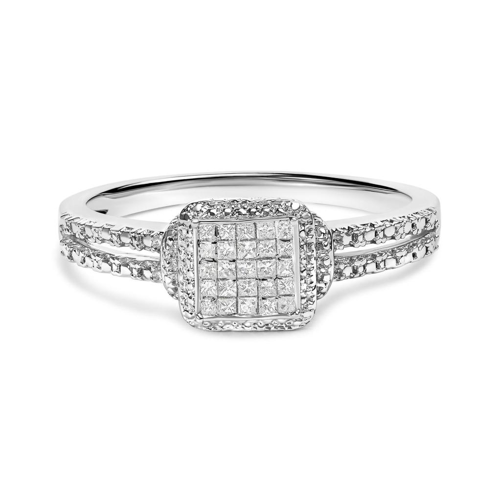 .925 Sterling Silver 1/4 Cttw Princess-cut Diamond Composite Ring with Beaded Halo (H-I Color, SI1-SI2 Clarity) Ring Size-11.0