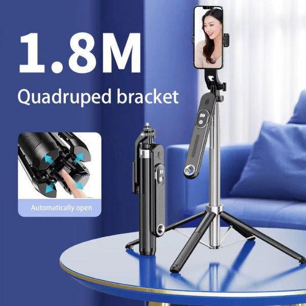 Professional Heavy Duty Selfie Stick with Quadpod Stand - 1.8M Extendable Tripod with Wireless Remote and 360deg Swivel Head P510 for Universal Cell Phones - Black