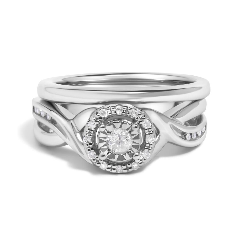 .925 Sterling Silver 1/7 Cttw Diamond Halo Bypass Engagement Ring and Wedding Band Set (I-J Color, I3 Clarity) Ring Size-10.0