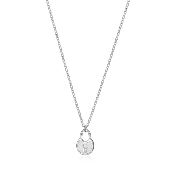 NR0LBLC0-W Lock and Key Cubic Zirconia Fine Matte Finish Pendant Necklace