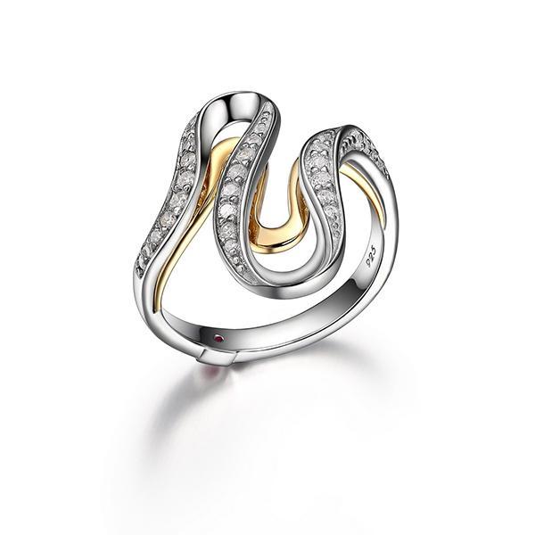 RR4LA7M00-2T-7 Sterling Silver Cubic Zirconia Two Tone Wave Ring Size 7