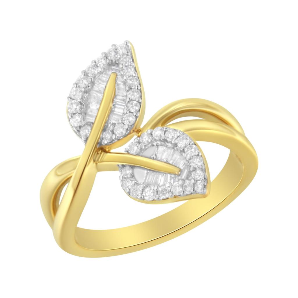 10K Yellow Gold 3/8 Cttw Round and Baguette-Cut Diamond Leaf Cocktail Ring (I-J Color, I1-I2 Clarity) Ring Size-6.0