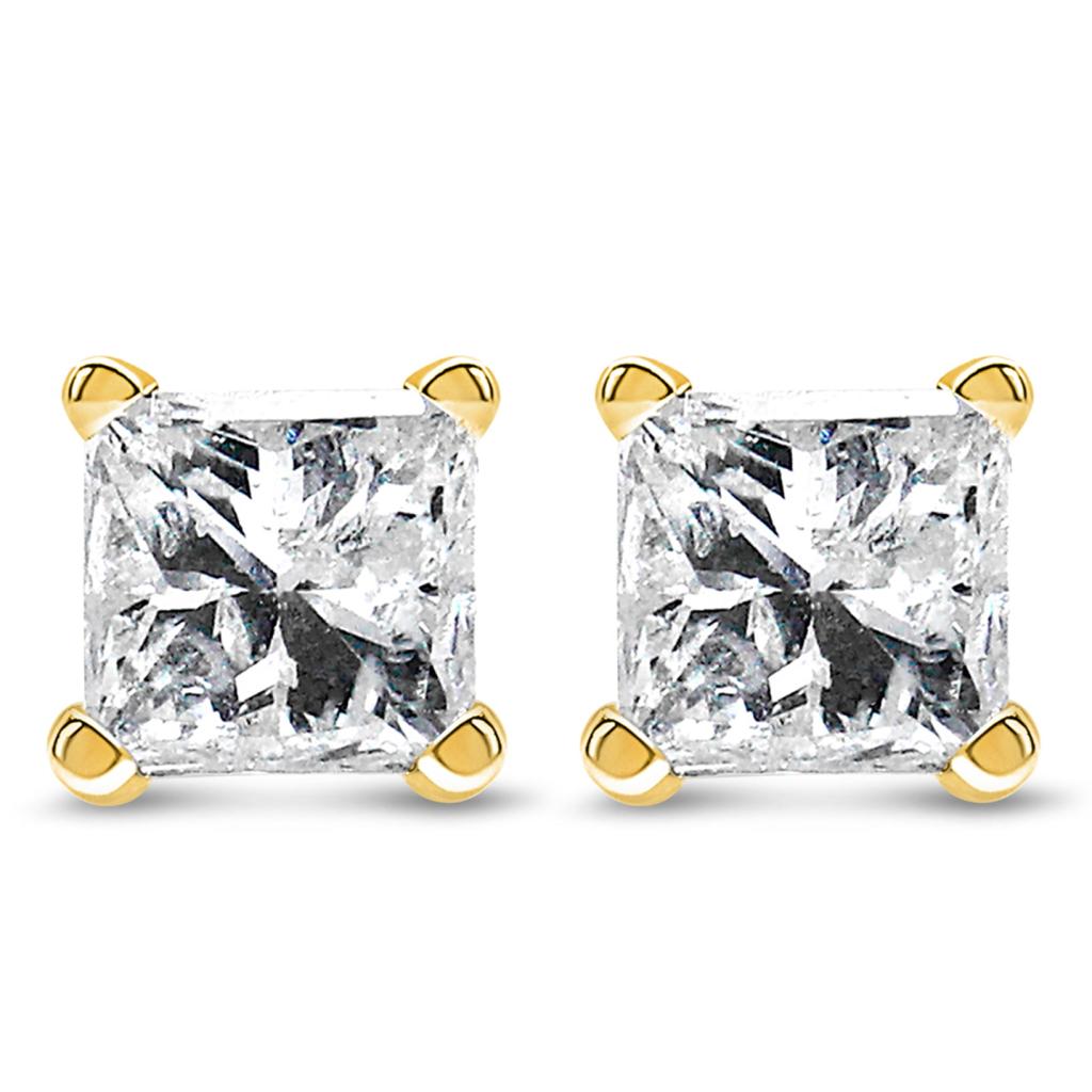 AGS Certified 14k Yellow Gold 1/4 cttw 4-Prong Set Princess-Cut Solitaire Diamond Push Back Stud Earrings (F-G Color, SI2-I1 Clarity)