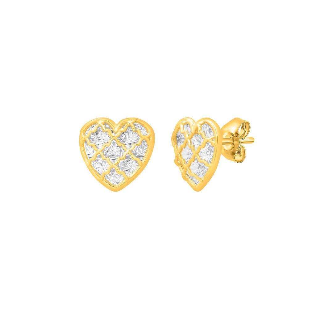 Checkered Heart Stud Earrings in 14K Yellow Gold