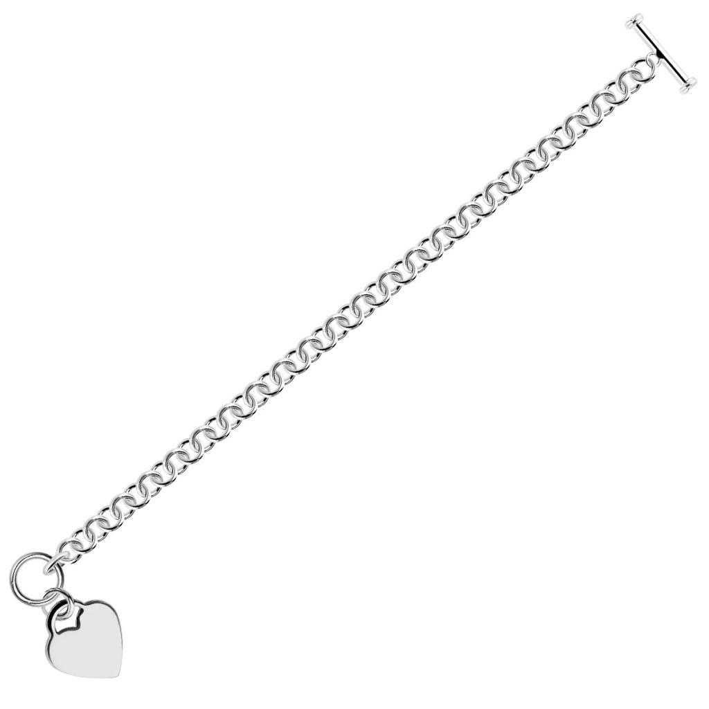 Sterling Silver Rhodium Plated Rolo Chain Bracelet with a Heart Charm (12.70 mm)