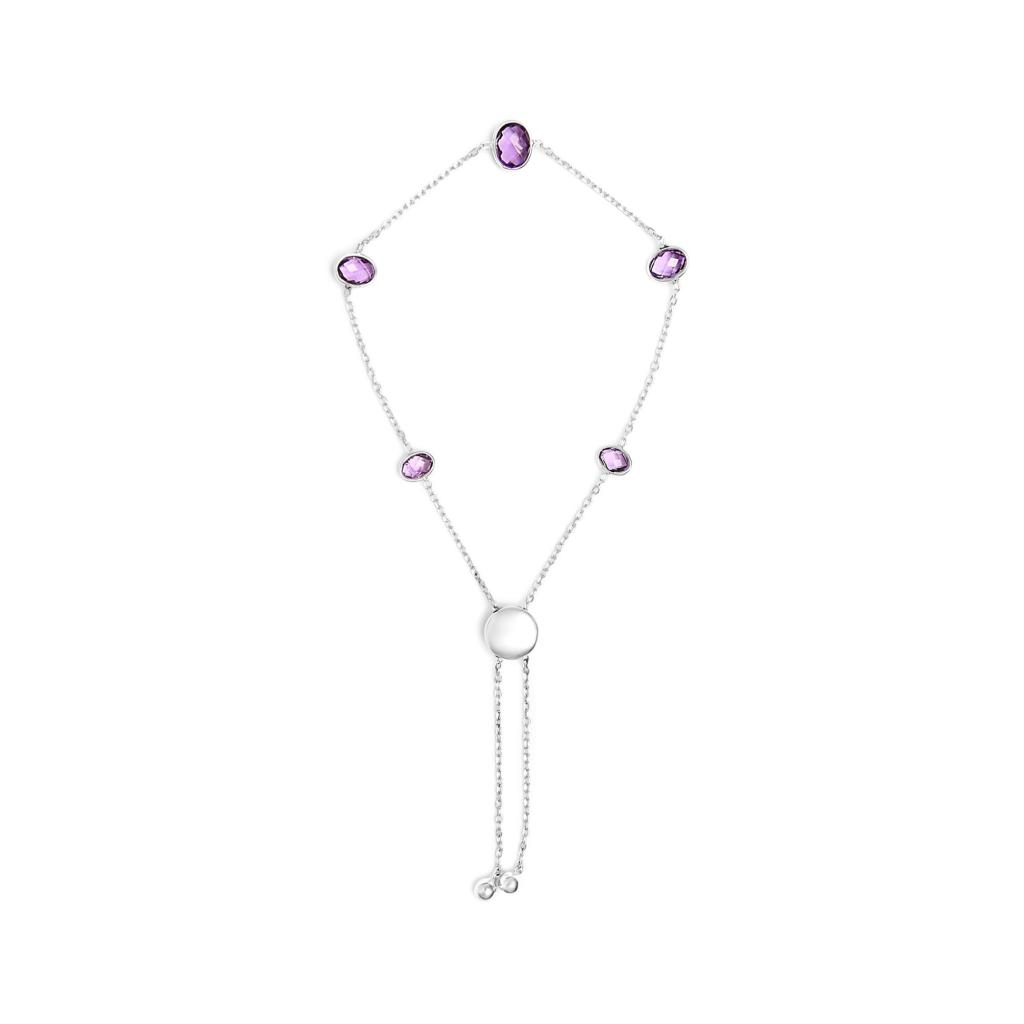 .925 Sterling Silver Bezel Set Purple Amethyst 5 Station Adjustable Bolo Bracelet