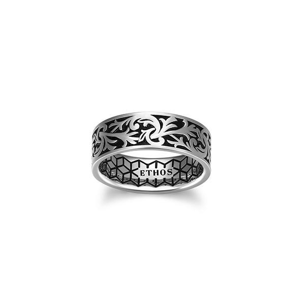 Sterling silver CJ Ethos CHISEL rhodium plated with black oil intaglio 8mm wide band - Size 9