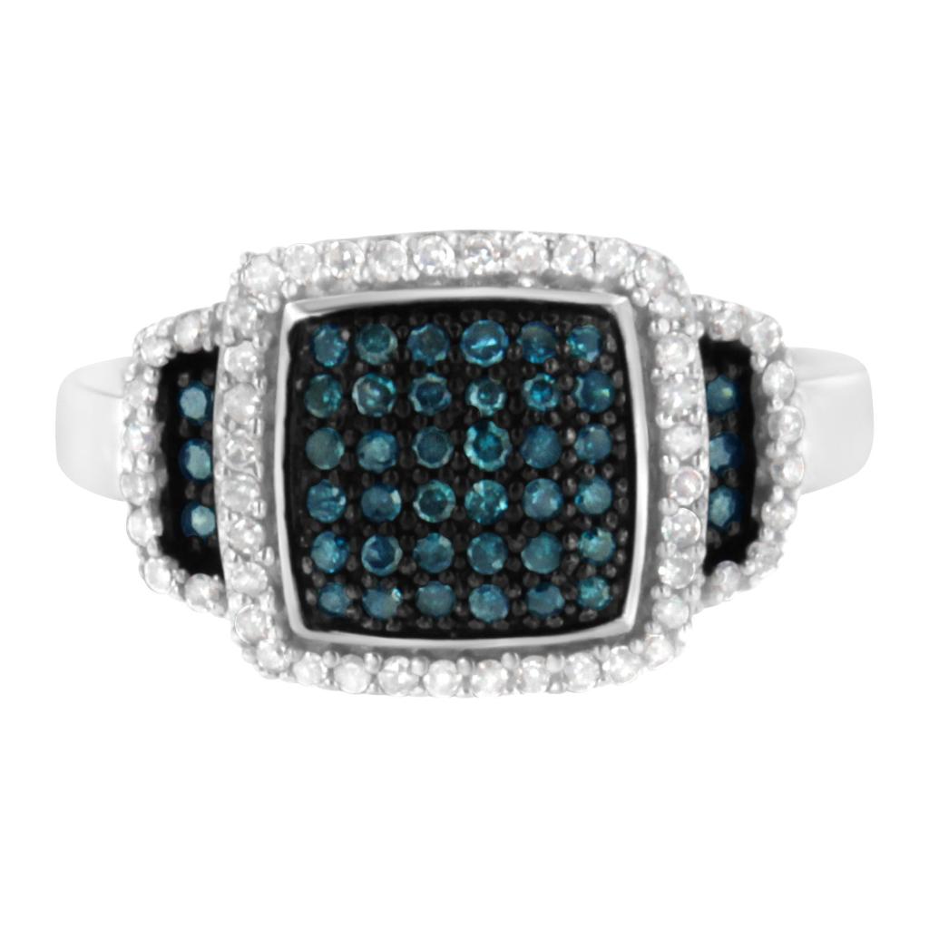 Black Rhodium Plated .925 Sterling Silver 1/2 Cttw White & Blue Diamond Square Halo Cocktail Ring (Fancy Blue & H-I Color, I2-I3 Clarity) Ring Size-6.5