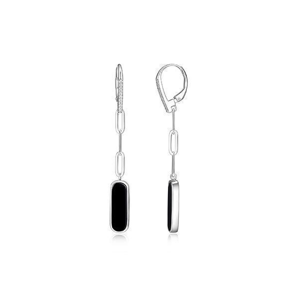 ER2Q09R-W Sterling Silver "Paperclip" Oval Black Agate with CZ Leverback Earrings