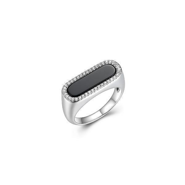 RR4Q03B-W-7 Sterling Silver "Paperclip" Oval Black Agate with CZ Ring -  Silver